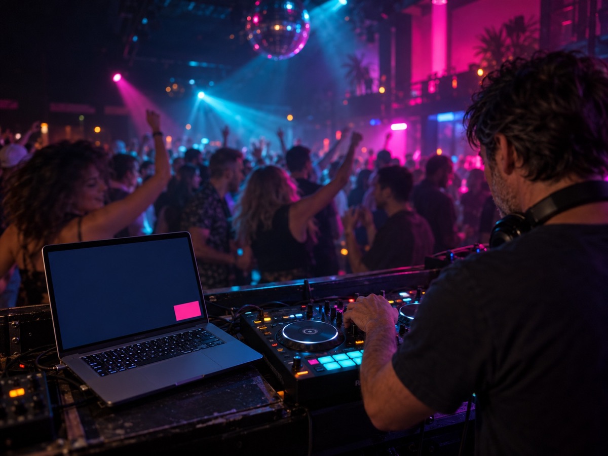 A DJ at the decks with requests on the laptop